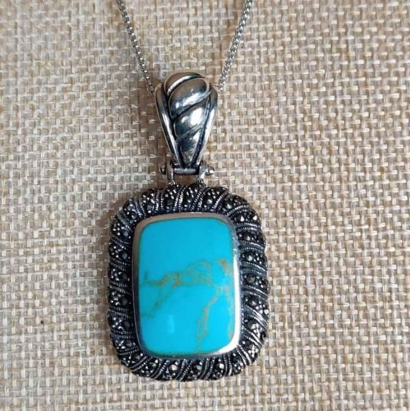 Vintage 925 Deco Sterling Silver Marcasite Turquoise Heart Pendant Necklace